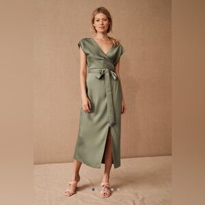 BHLDN Olive Green Satin Wrap Midi Dress